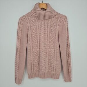 Cable Knit Baby Pink Turtleneck‎ Pullover Womens M Sweater Preppy Academia Cute